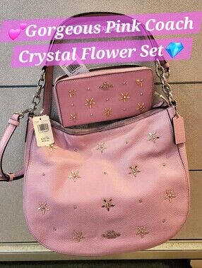 Coach Pink Crystal Rhinestone Shoulder Hobo Purse Floral Elle Wallet New SET